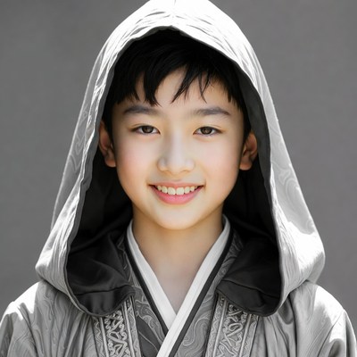 Asian boy smiling in hooded hanfu