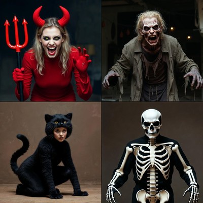 Halloween Costumes: Devil, Zombie, Cat, Skeleton