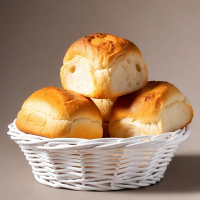 Fresh bread rolls in white basket