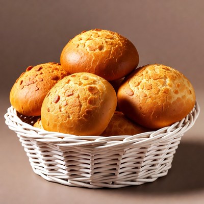 Fresh golden rolls in white basket