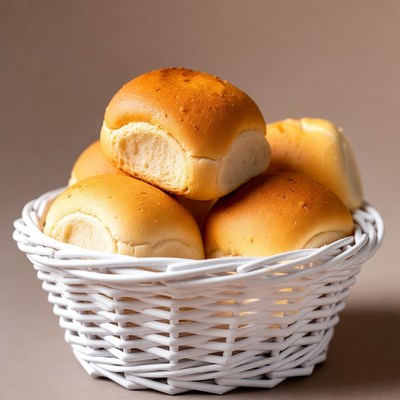 Fresh bread rolls in white basket