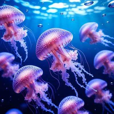 Cluster of Glowing Jellyfish Underwater