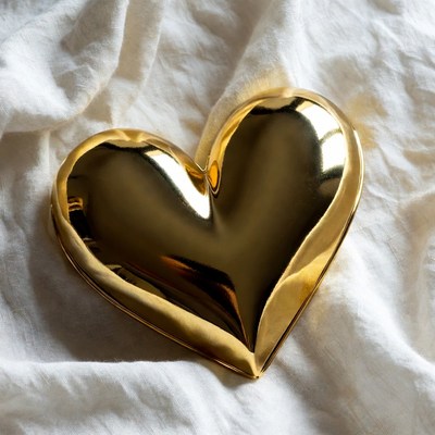 Shiny Gold Heart on White Fabric