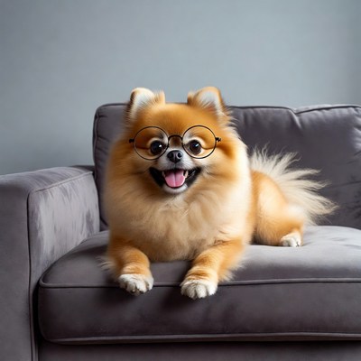 Pomeranian dog wearing glasses on couch