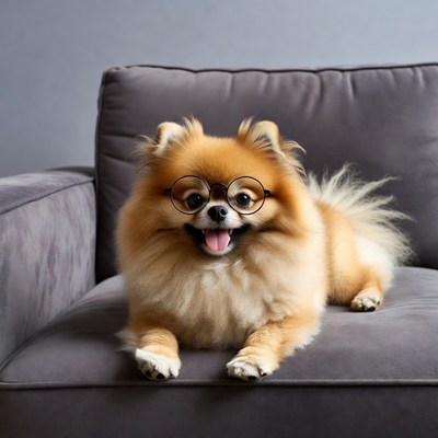 Pomeranian dog wearing glasses on sofa