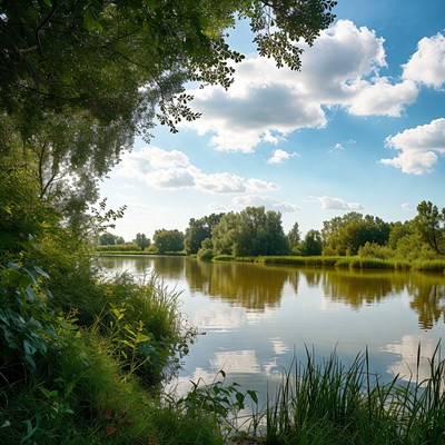 Serene lake surrounded by green trees
