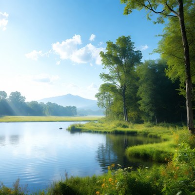 Serene Lake with Mountains and Trees
