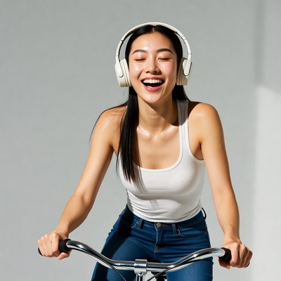 Asian woman exercising on stationary bike