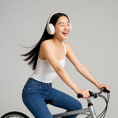 Asian woman riding bicycle with headphones