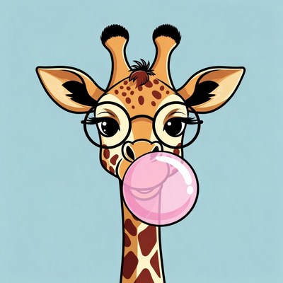 Giraffe blowing pink bubblegum
