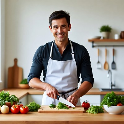 Man chopping vegetables in kitchen