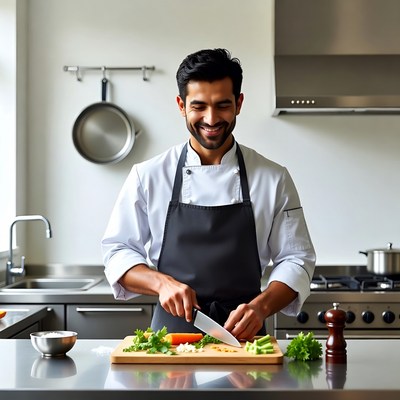 Chef chopping vegetables in kitchen