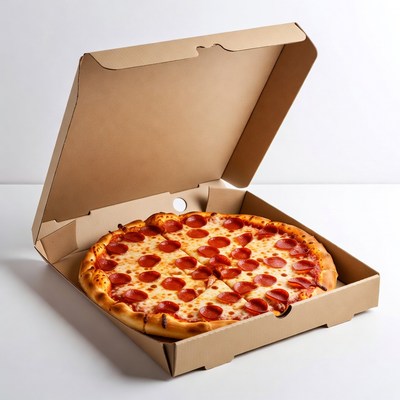 Pepperoni Pizza in Open Cardboard Box