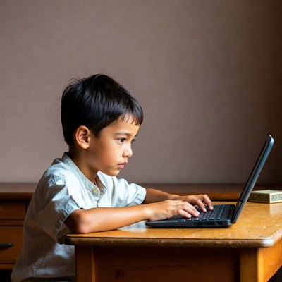 Asian boy typing on laptop