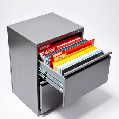 Open gray filing cabinet with colorful folders