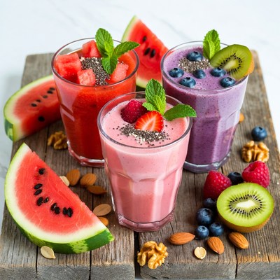 Colorful Fruit Smoothies with Toppings