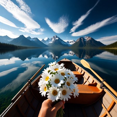 Hand holding daisies in wooden rowboat