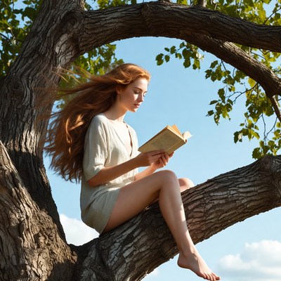 Redhead woman reading book in tree