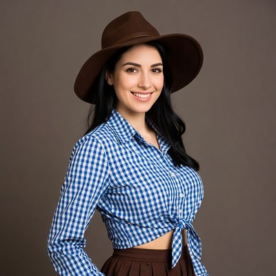 Woman in checkered shirt and brown hat