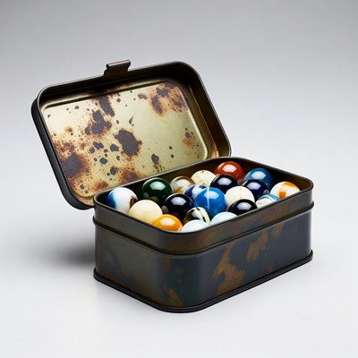 Marbles in Rusty Open Tin Box