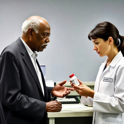 Pharmacist showing pill bottle to elderly man