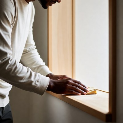 Man cleaning wooden windowsill