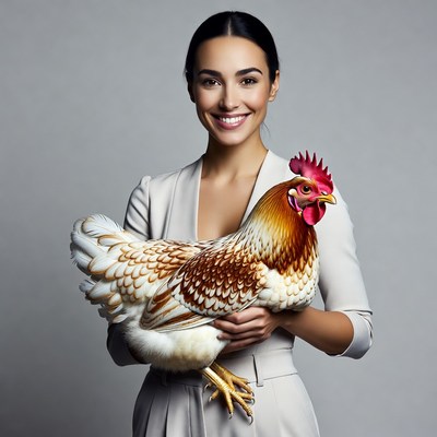 Woman holding brown chicken