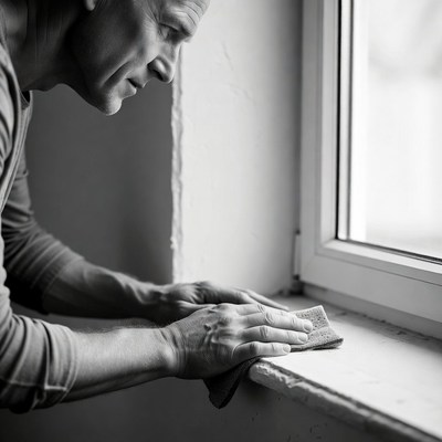Man cleaning window with cloth