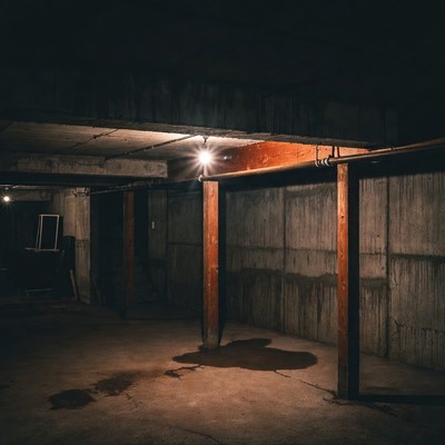 Dark Abandoned Basement with Water Puddle