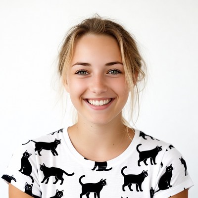 Smiling woman in black cat t-shirt