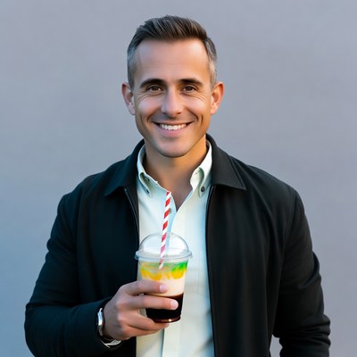 Smiling man holding colorful bubble tea