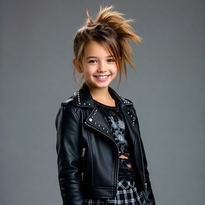 Girl smiling in studded leather jacket