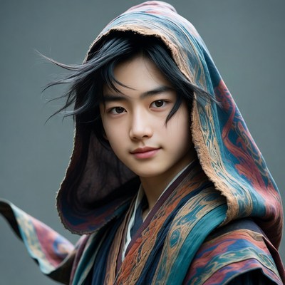 Asian boy in hooded hanbok