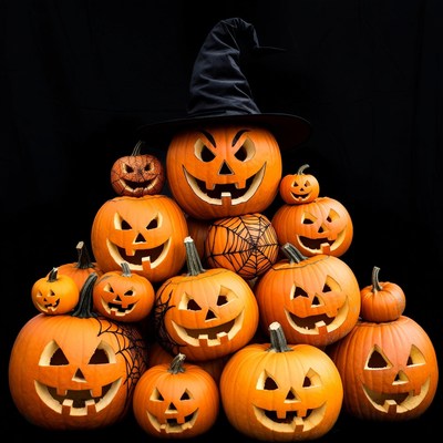 Stack of Jack-o-Lanterns with Witch Hat