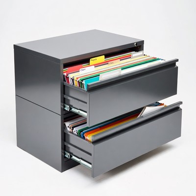 Gray filing cabinet with open drawers