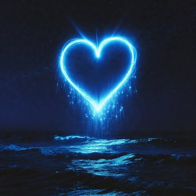 Glowing Blue Heart Over Ocean Waves