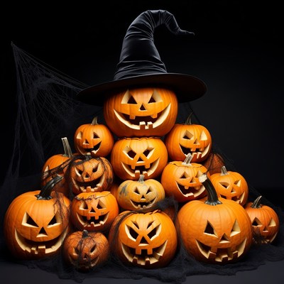 Stack of Jack-o-Lanterns with Witch Hat