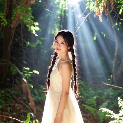 Asian woman in white dress forest sunlight