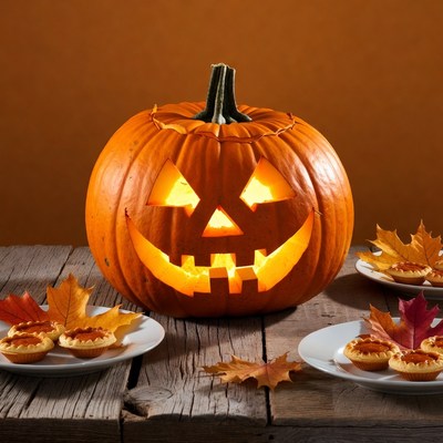 Lit Jack-o-Lantern with Cupcakes
