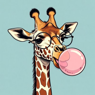 Giraffe blowing pink bubblegum