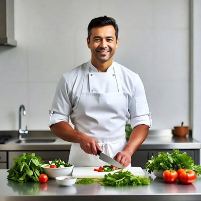 Asian chef chopping vegetables