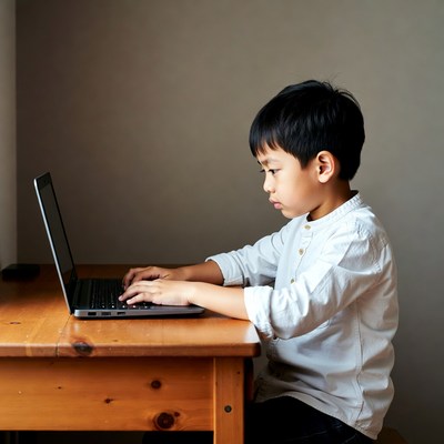 Asian boy using laptop at desk