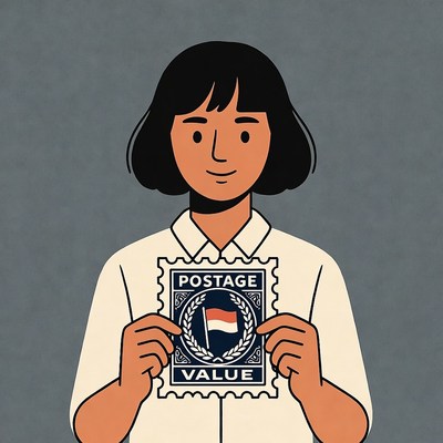 Asian woman holding Indonesian postage stamp