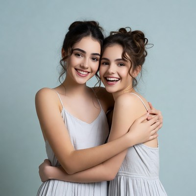 Two smiling girls hugging