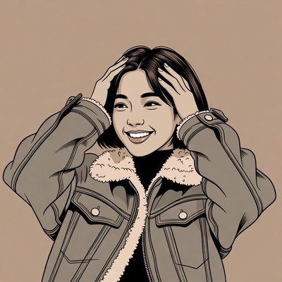 Asian woman smiling hands on head