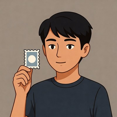 Asian man holding white stamp