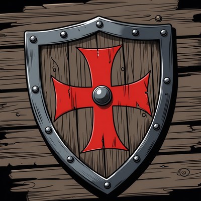 Red Cross Shield on Wood Background