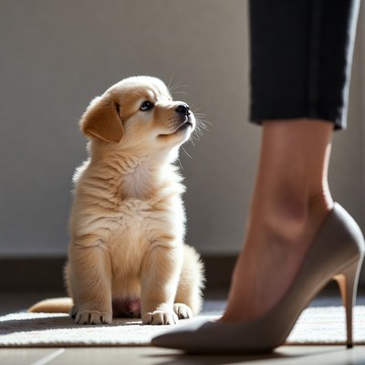 Golden Retriever Puppy Looking at Woman's High Heel