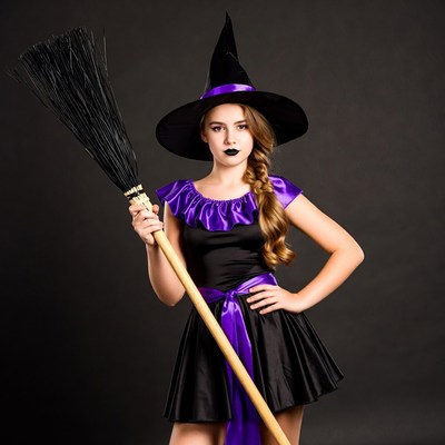 Girl in witch costume holding broom
