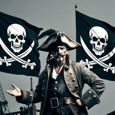 Pirate man with Jolly Roger flags